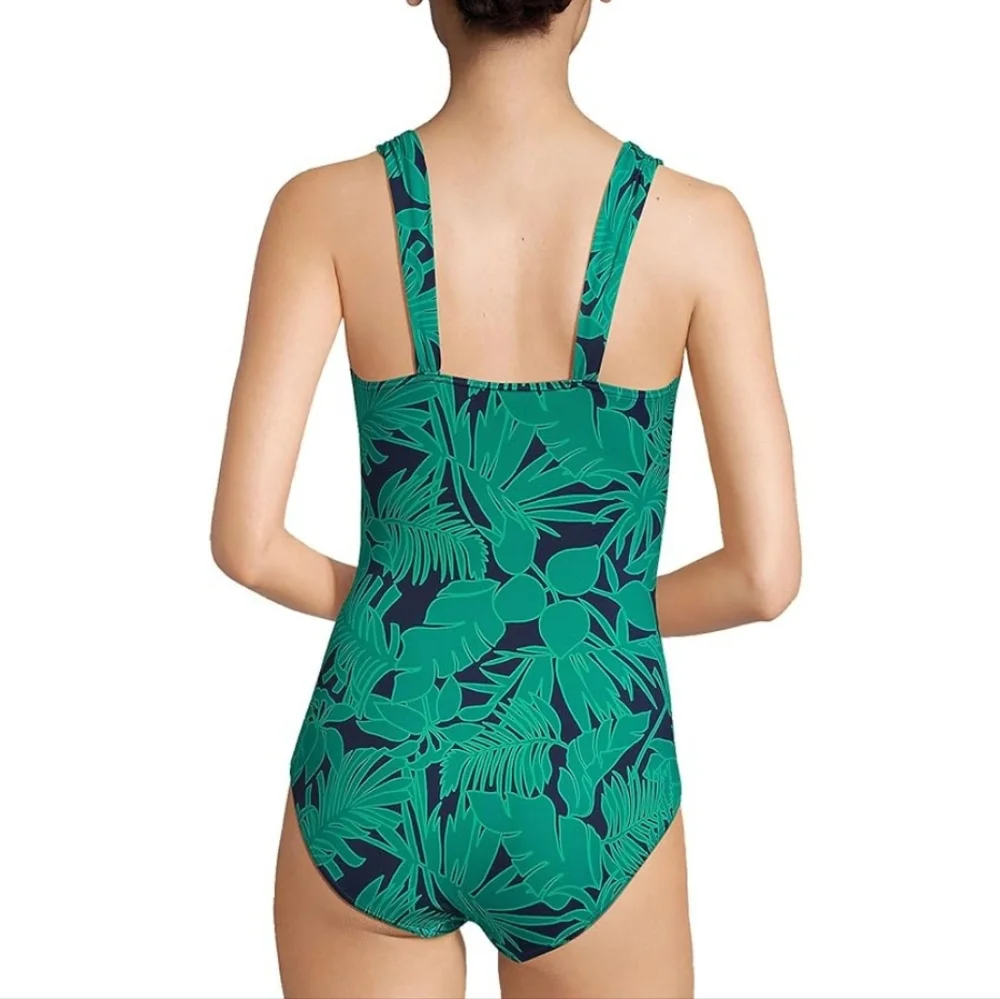NEW LANDS END Slender Suit Grecian Low Leg One Piece Swimsuit Black & Green  16 - Picture 2 of 3